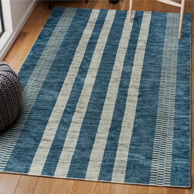 Blue and Cream Striped Machine-Washable Synthetic Area Rug
