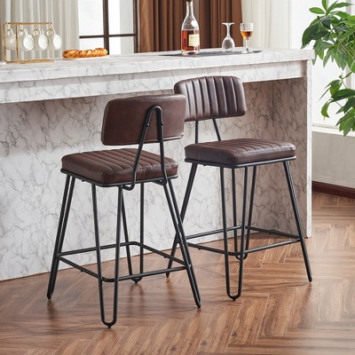 Two brown PU leather bar stools with backrests photographed from a side angle