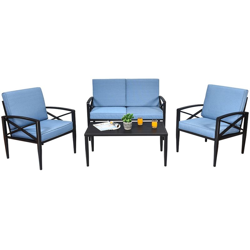 Costway 4PCS Patio Furniture Set Aluminum Frame Cushioned Sofa Chair Coffee Table Blue, 2 of 10
