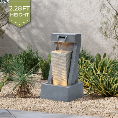 Gray Resin 2-Column Sculpture Outdoor Fountain with LED Lights