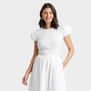 Women's Ribbed Puff Short Sleeve Blouse - A New Day™ - 1 of 4