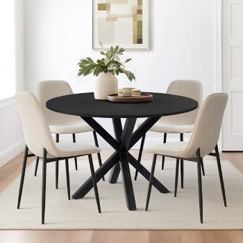 Olive+Oslo Black Dining Table Set For 4,Solid Round Black Grain Dining Table Sets with 4 Upholstered Dining Chairs Black Legs-The Pop Maison