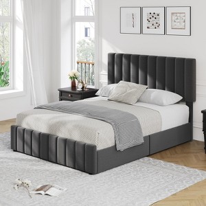 Linen Upholstered Bed Frame with 4 Storage Drawers, Adjustable Headboard, Sturdy Wooden Slats, No Box Spring Required - 1 of 4