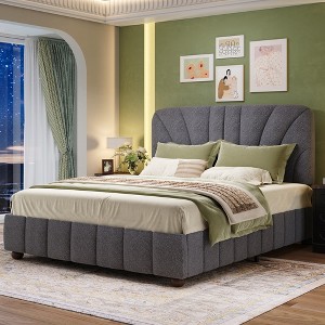 Boucle Bed Frame Upholstered Bed Frame with Adjustable Headboard, Solid Wood Slats Support, No Box Spring Needed, Easy Assembly - 1 of 4