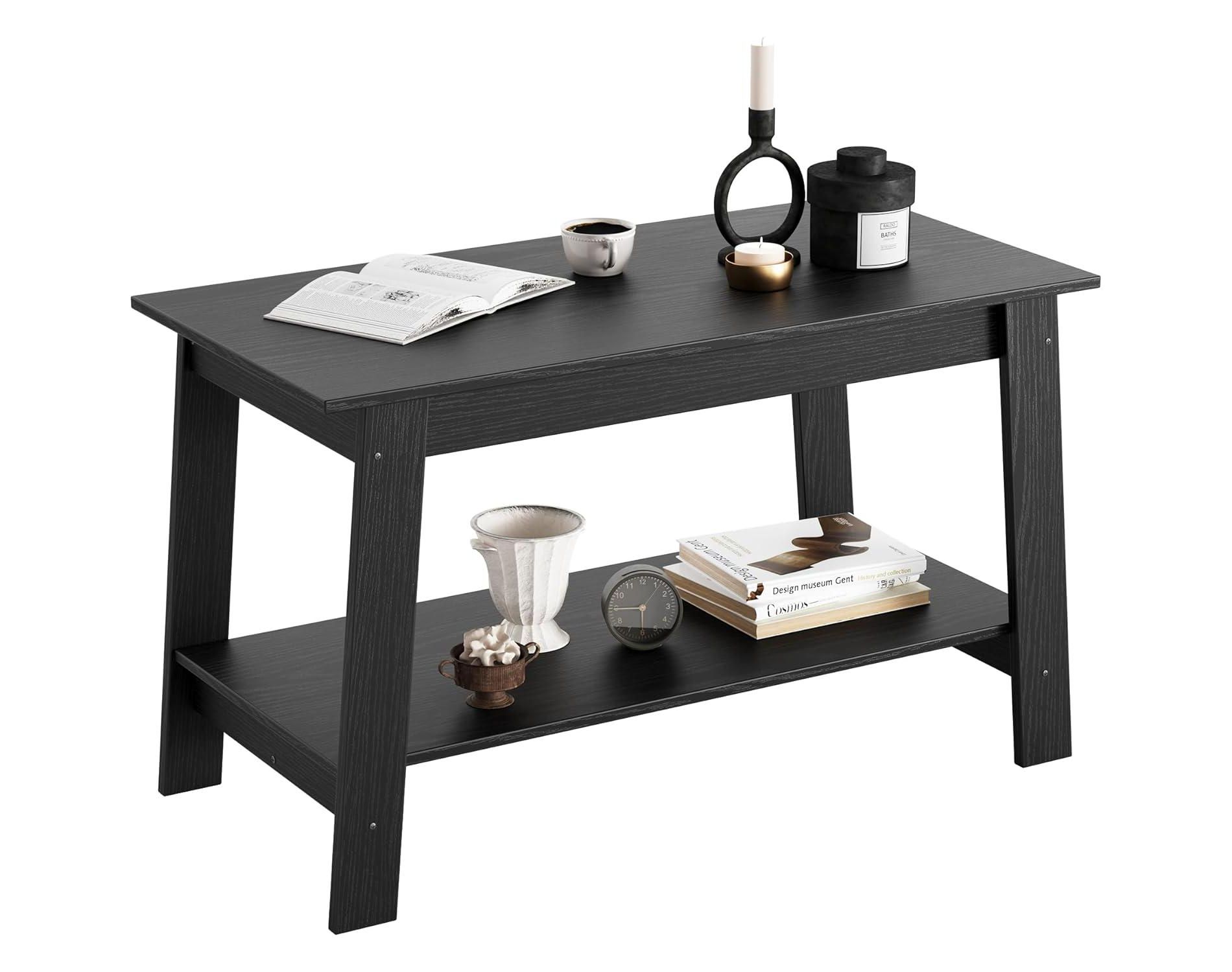Coffee Table for Living Room, Coffee Table with Storage Shelf, 2-Tier Living Room Table, Home Office Industrial Cocktail Tables, Black