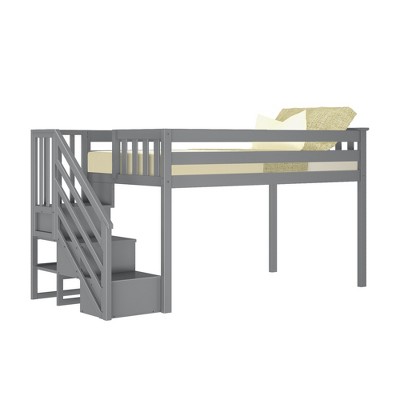 Gray Twin Low Loft Bed with Storage Staircase and Pine Frame