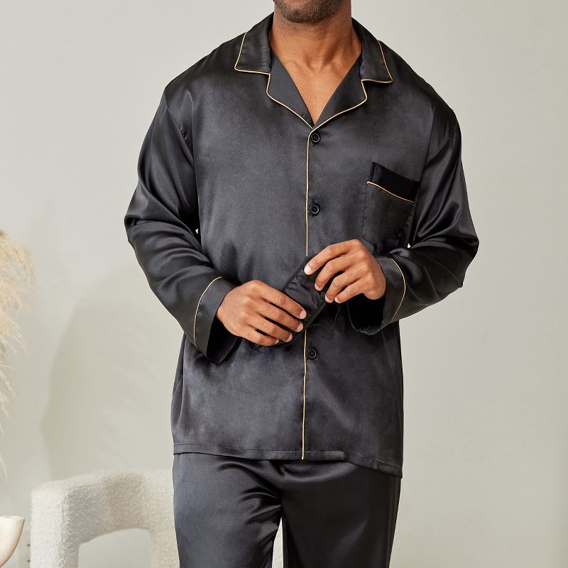 Men's Classic Satin Pajamas Lounge Set, Long Sleeve Top and Pants with Pockets, Silk like PJs with Matching Sleep Mask, 6 of 7