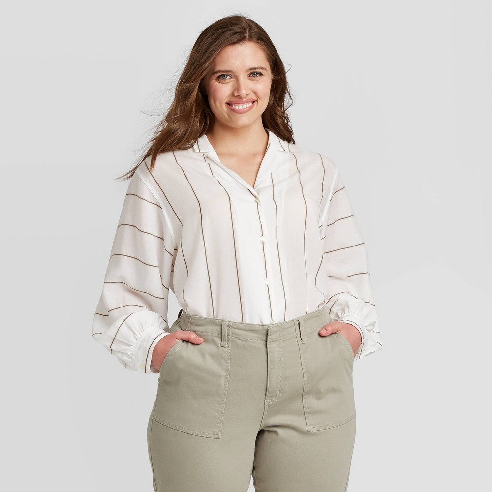 Women's Plus Size Striped Long Sleeve Collared Blouse - Ava & Viv Cream 3X, Women's, Size: 3XL, Ivory was $27.99 now $16.79 (40.0% off)