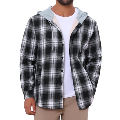 INSPIRE CHIC Men's Fleece Lining Drawstring Hooded Plaid Shirt Jacket Large Black White