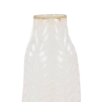 White Chevron Pattern Ceramic Vase with Brown Base, 12"