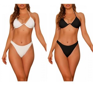 Elerevyo Women's Halter Underwire Ribbed Bikini Sets, 2 Piece Double Straps Tie Back Triangle Bottoms Swimwear Bathing Suits 2 Sets - 1 of 4