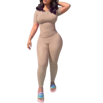 DOMETOUR Casual Workout Yoga Sports Two Piece Outfits for Women Fitted Crew Neck T-shirt High Waist Pants