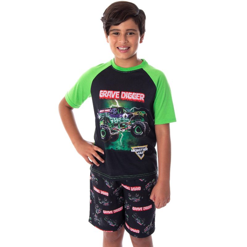Monster Jam Boys' Grave Digger Monster Truck Shirt And Shorts Pajama Set, 1 of 6
