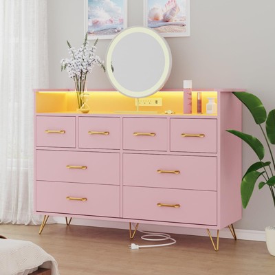 8 Drawer Dresser for Bedroom with LED Light and Charging Station, Modern Wide Chest of Drawers with Open Storage for Living Room or Entryway