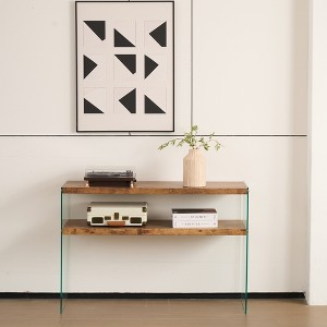 Wooakway 24"W/43"W Walnut Wood End Table with Glass Frame 2-Tier Open Storage Shelves Side Tables Vintage Sofa Table for Living Room Bedroom Office - 1 of 4