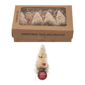 Storied Home Sisal Bottle Brush Tree Ornaments with Beads, Glass Ball Base and Glitter, Red and Cream, Set of 4 - 1 of 3