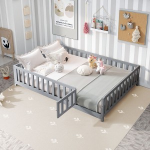 CAVINAS Full Size Montessori Floor Bed for Kids,Toddler Bed Frame with Safety Guardrails&Doors,Slatted Floor Bed for Girls,Boys,Teens - 1 of 4