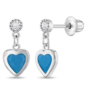 Girls' Turquoise CZ Heart Dangle Screw Back Sterling Silver Earrings - In Season Jewelry - 1 of 4