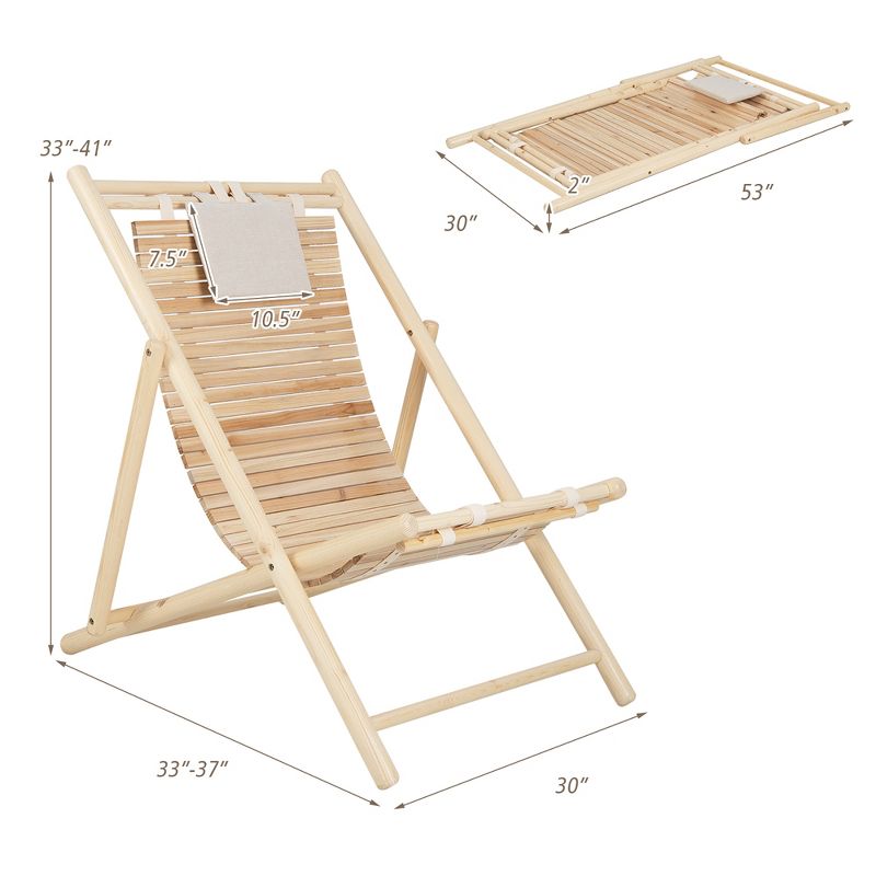 Costway Patio Outdoor Adjustable Folding Wood Sling Chair Reclining Lounge Assembly Free, 3 of 10