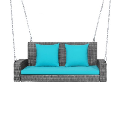 Tangkula Outdoor Porch Swing Bench, Patio Wicker Hanging Swing with Rustproof Chains & Comfortable Cushions Off White/Turquoise/Red/Black