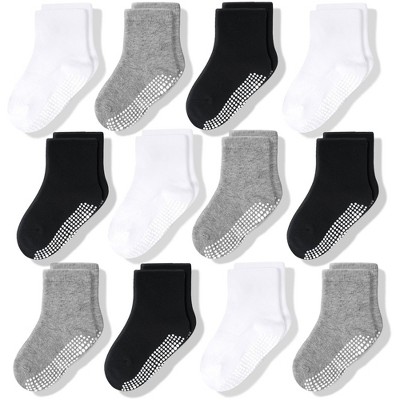 CozyWay Non-Slip Crew Grip Kids Socks, 12 Pack for Boys & Girls, Black/White/Gray, 5-7 Years Old