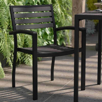 All-Season Gray Faux Teak & Black Aluminum Patio Chair Pair