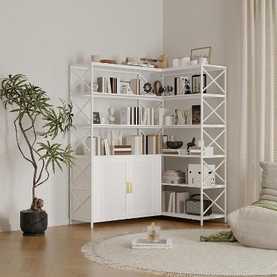 COUCHETA 71" Tall  L-Shaped Corner  6-Tier Farmhouse Bookshelf with Rattan Doors,Adjustable Shelves, Storage for Living Room Bedroom Office