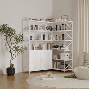 Homhougo L-Shaped Corner Bookshelf, 6-Tier Vintage Farmhouse Bookcase with Rattan Doors,Adjustable Shelves & Metal Frame - 1 of 4