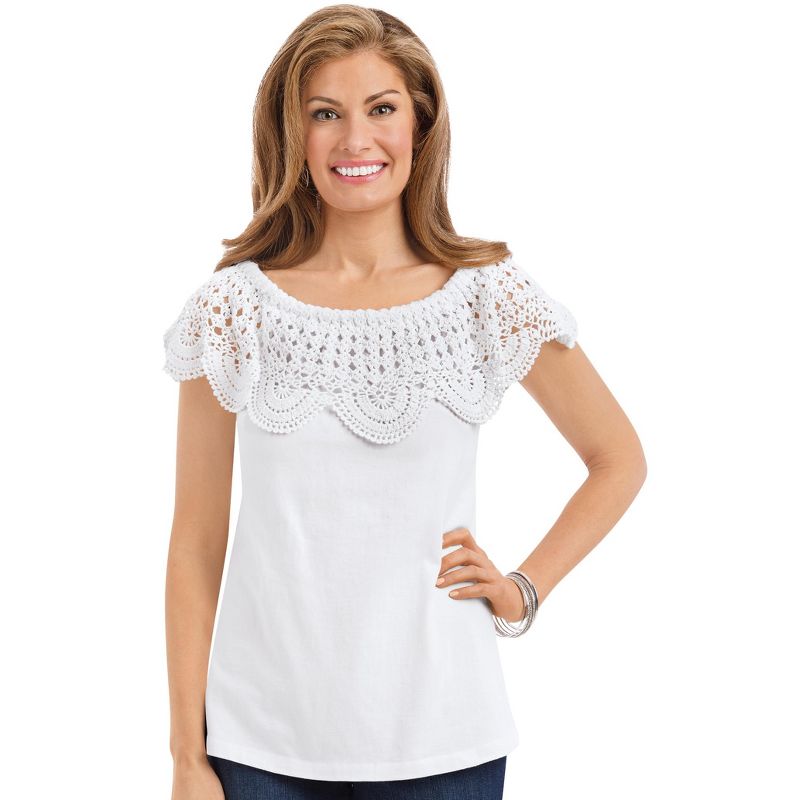 Collections Etc On-Off Shoulder Scalloped Crochet Short Sleeve Top, 3 of 5