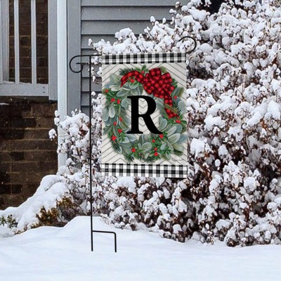 Winter Wreath Monogram R Garden Flag with Red Bow