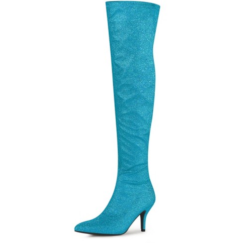 Allegra K Women s Glitter Pointed Toe Stiletto Heel Over The Knee High Boots Sky Blue 10 Target