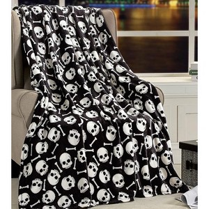 Plazatex Skull Bones Micro Plush Decorative Halloween Throw Blanket  50" X 60" Black And White - 1 of 4