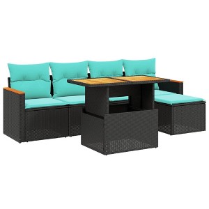 vidaXL 6 Piece Patio Sofa Set with Cushions Black Poly Rattan - Black without storage - 1 of 4