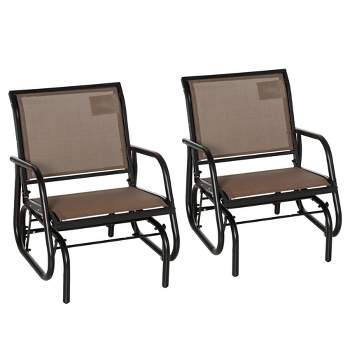 Outsunny 2 Piece Outdoor Glider Chair Set, Swing Chair with Breathable Mesh Fabric, Curved Armrests for Porch, Garden, Poolside, Balcony, Brown