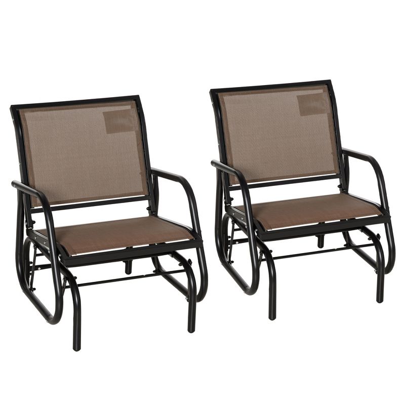 Outsunny 2 Piece Outdoor Glider Chair Set, Swing Chair with Breathable Mesh Fabric, Curved Armrests for Porch, Garden, Poolside, Balcony, Brown, 1 of 7