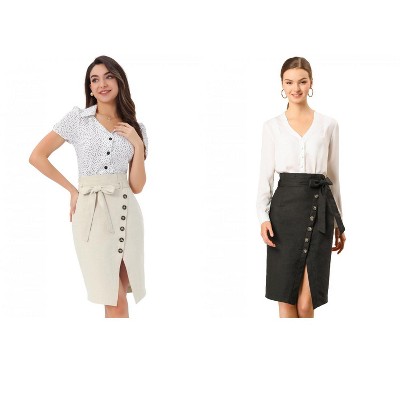 INSPIRE CHIC Women's Vintage Button Decor Belted Split Front Knee Length Pencil Skirt 2 Packs