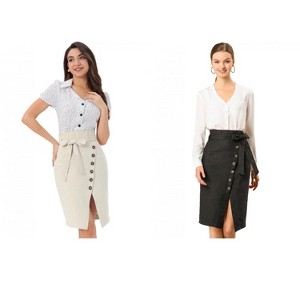 INSPIRE CHIC Women's Vintage Button Decor Belted Split Front Knee Length Pencil Skirt 2 Packs - 1 of 4
