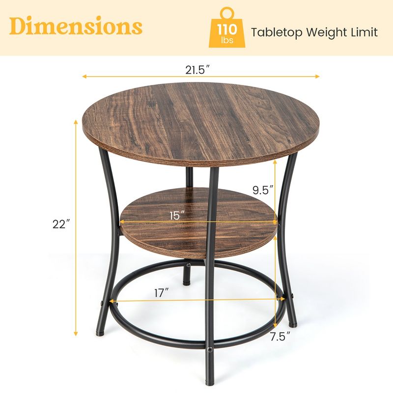 Costway 2 PCS 2-Tier Sofa Side End Table Round Nightstand with Sturdy Metal Frame Brown/Oak, 3 of 11