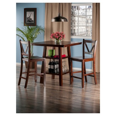 Transitional 33" Square Walnut Pub Table Set with Storage & 2 V-Back Chairs