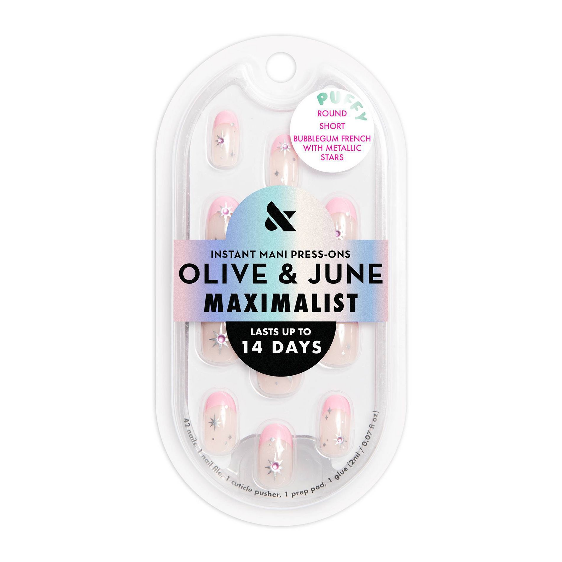 Olive & June Press-On Fake Nails - Maximalist - S Round - Bubblegum French with Metallic Stars - 42ct