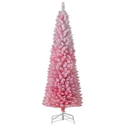 Tangkula Pre-Lit Christmas Tree Slim Pencil Xmas Tree w/ Snow Flocked PVC Branch Tips