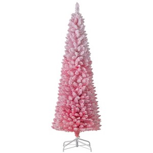 Tangkula Pre-Lit Christmas Tree Slim Pencil Xmas Tree w/ Snow Flocked PVC Branch Tips - 1 of 4