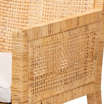 Natural Rattan and Cane Armchair with White Cushion