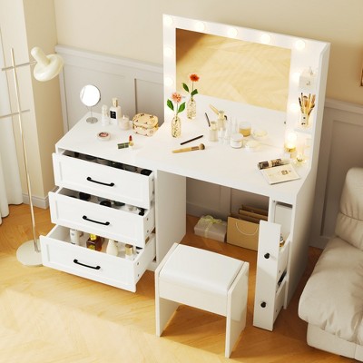 TIRAMISUBEST Vanity Desk with Freely Adjustable Side Cabinet, Makeup Vanity w/ Hollywood Lights, 5 Storage Drawers & 2-shelves, Modern Dressing Table