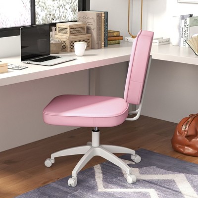 Okak Cute Armless Office Chair, Desk Chair with Wheels and Adjustable Height, Small Vanity Chair for Office, Home, Pink