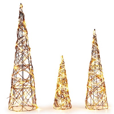 Costway 32" 24" 16" Set of 3 Lighted Rattan Cone Trees with LED Lights and Metal Frame
