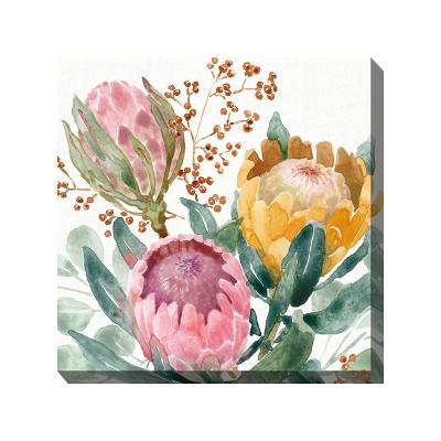 Cottage Garden West of The Wind Protea Passion Pink, Orange, Green 24 x 24 Inch Waterproof Gallery Wrapped Canvas, Outdoor Garden, Yard, Patio All