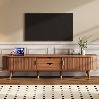 Mid-Century TV Stand for 80 Inch TVs, Media Console with Charging Station, Tambour Sliding Doors, Drawers and Gold Accents-The Pop Home