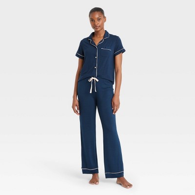 Women's Beautifully Soft Short Sleeve Notch Collar Top and Pants Pajama Set - Stars Above™ Navy XL