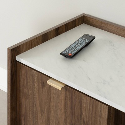 Natural Walnut and Faux Carrara Marble TV Stand with Cabinet